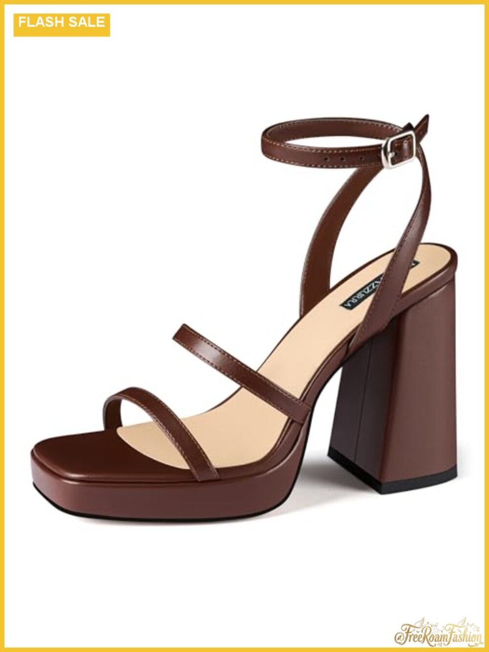 Women's Platform Heeled Sandals 4in Chunky Heel Square Open Toe Faux Leather